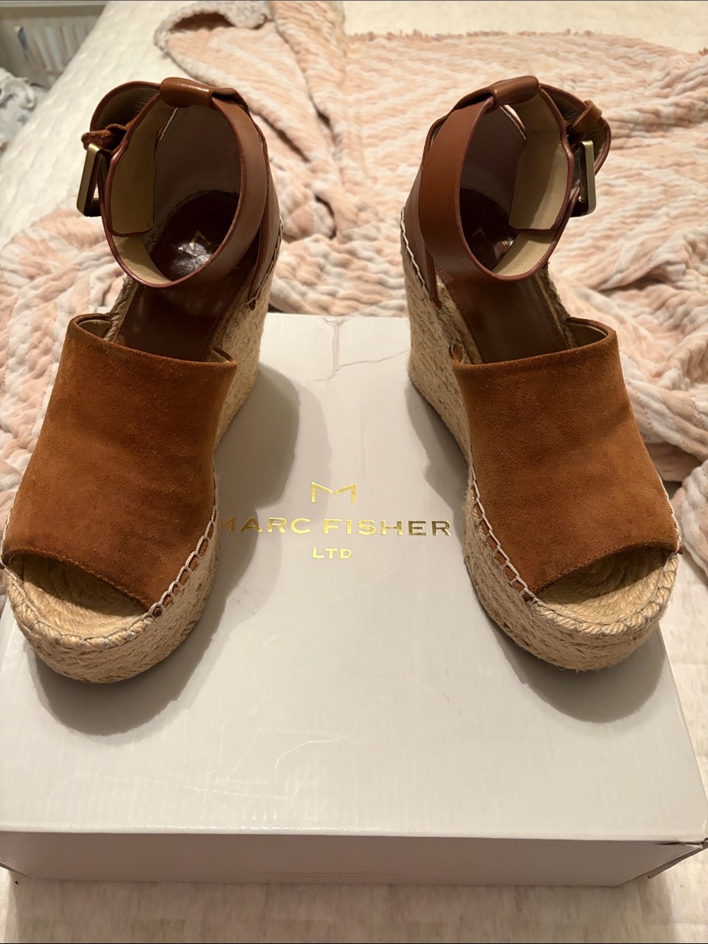 Marc Fisher Tan Suede Espadrille Wedge Sandals